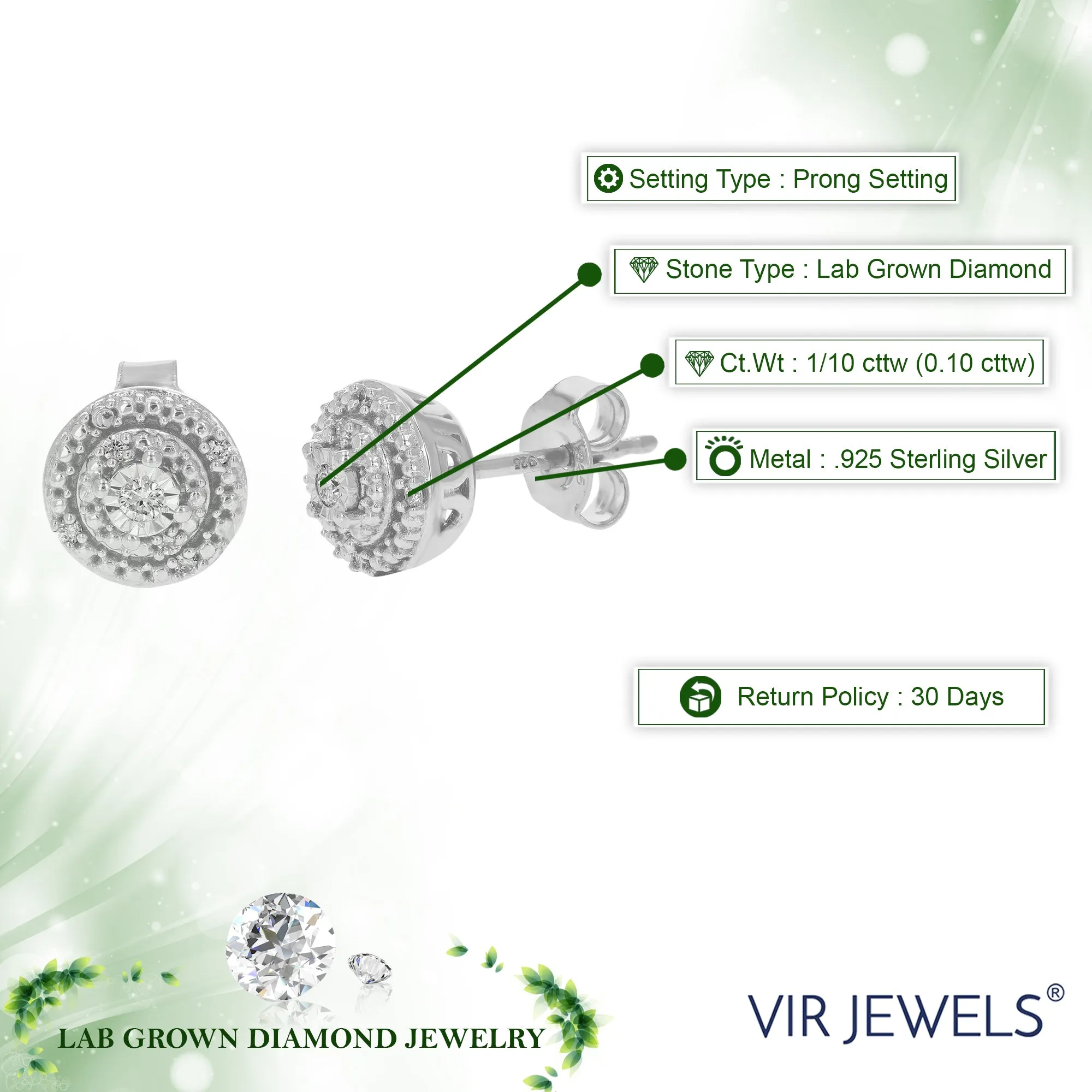 1/10 cttw Lab Grown Diamond Stud Composite Earrings in Silver