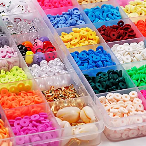 12000pcs Clay Beads for Bracelet Making, WOHOOW 42 Colors 6mm Flat Round Polymer Clay Beads Kit with 600pcs Letter Beads 75pcs Smiley Face Beads and 50pcs Imitation Pearls for DIY Jewelry Making Kit