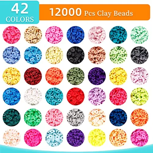 12000pcs Clay Beads for Bracelet Making, WOHOOW 42 Colors 6mm Flat Round Polymer Clay Beads Kit with 600pcs Letter Beads 75pcs Smiley Face Beads and 50pcs Imitation Pearls for DIY Jewelry Making Kit