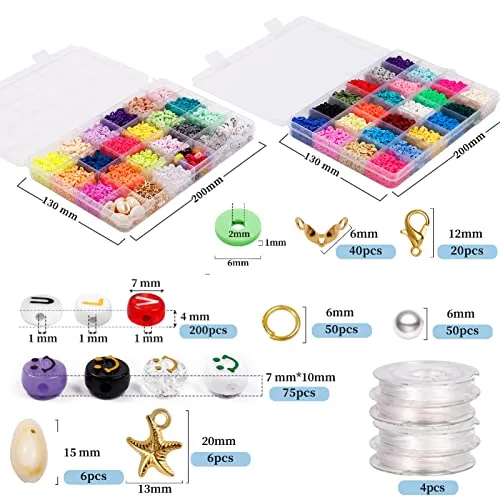 12000pcs Clay Beads for Bracelet Making, WOHOOW 42 Colors 6mm Flat Round Polymer Clay Beads Kit with 600pcs Letter Beads 75pcs Smiley Face Beads and 50pcs Imitation Pearls for DIY Jewelry Making Kit