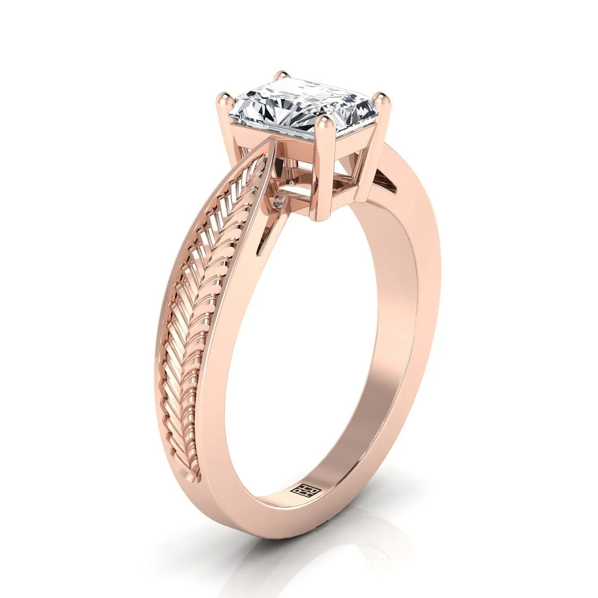 14K Rose Gold Radiant Cut Center Vintage Inspired Leaf Pattern Pinched Solitaire Engagement Ring