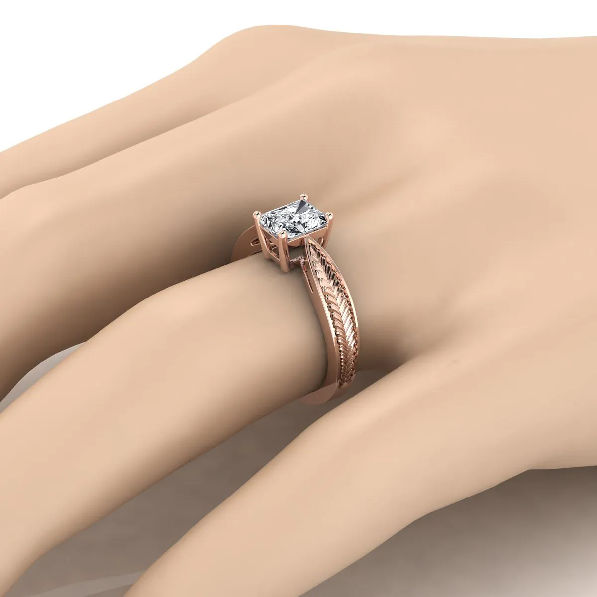 14K Rose Gold Radiant Cut Center Vintage Inspired Leaf Pattern Pinched Solitaire Engagement Ring