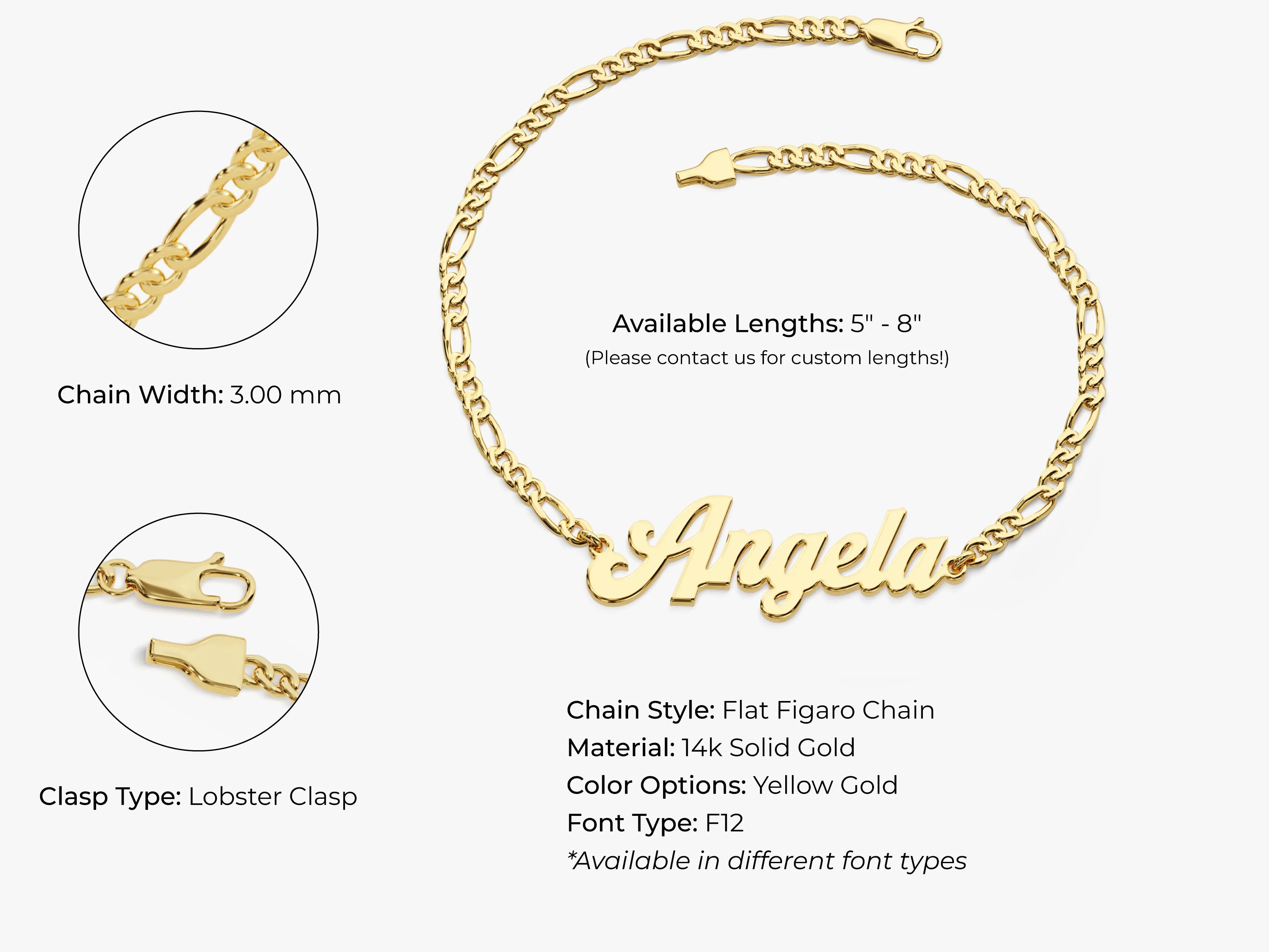 14k Solid Gold Figaro Chain Bold Name Bracelet