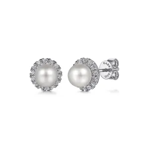 14K White Gold Diamond and Pearl Stud Earrings