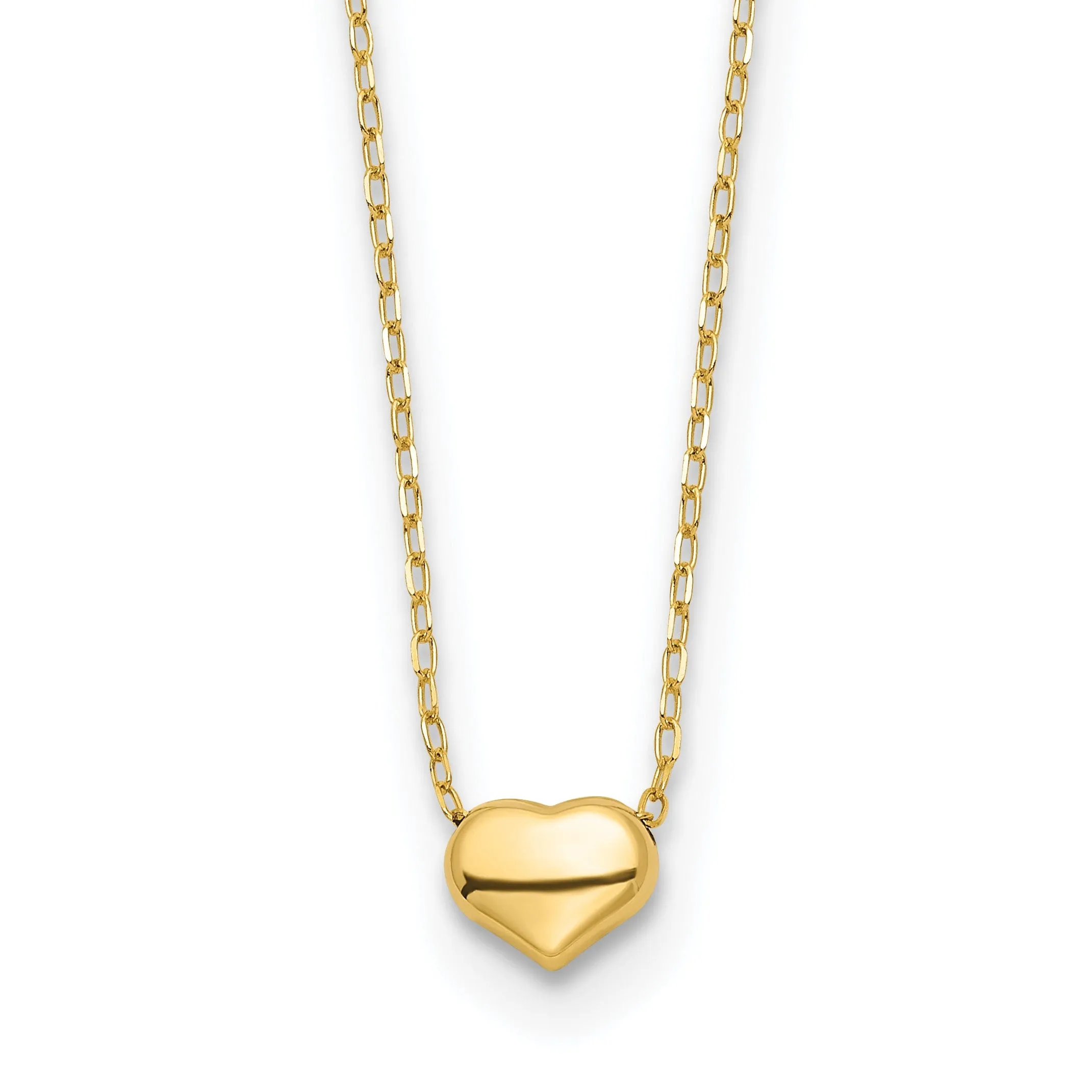 14k Yellow Gold Polished Finish Hollow Puff Heart with 16.5-inch Cable Chain Necklace