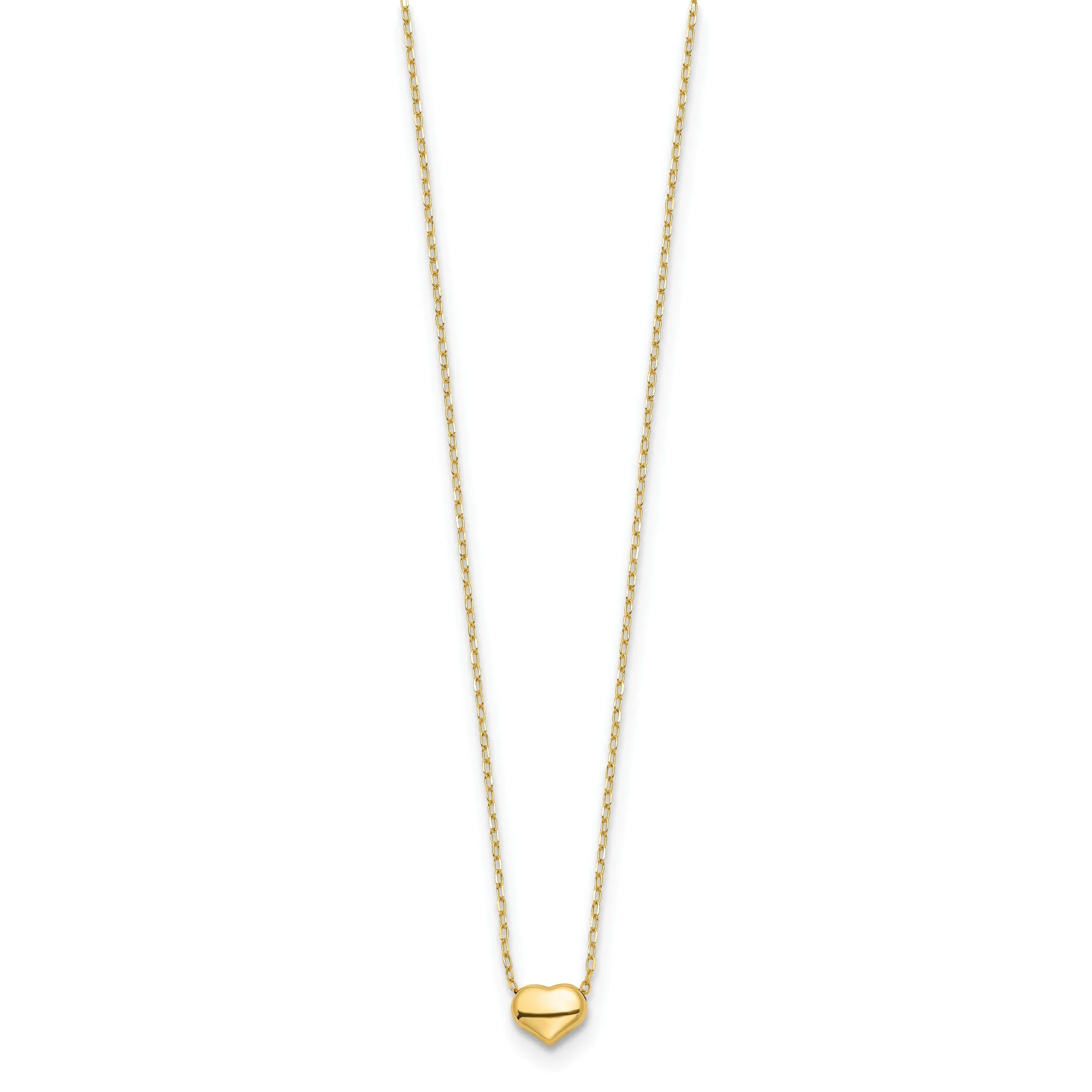 14k Yellow Gold Polished Finish Hollow Puff Heart with 16.5-inch Cable Chain Necklace