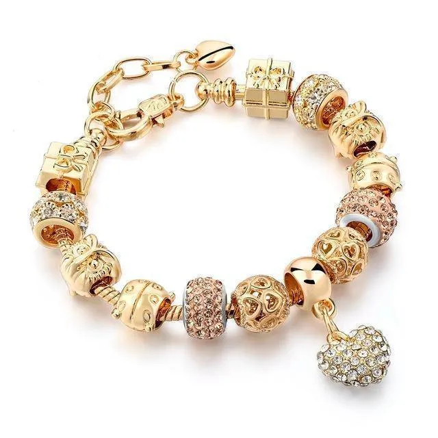 19 Styles, Crystal Heart Charm Bracelets & Bangles Gold