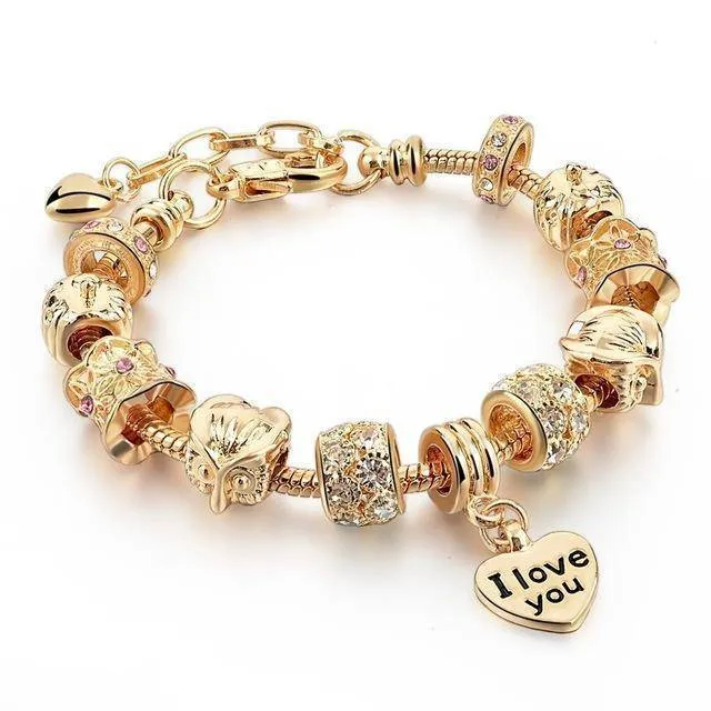 19 Styles, Crystal Heart Charm Bracelets & Bangles Gold