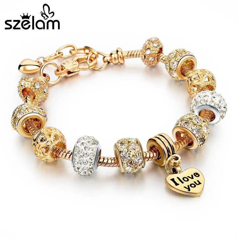 19 Styles, Crystal Heart Charm Bracelets & Bangles Gold