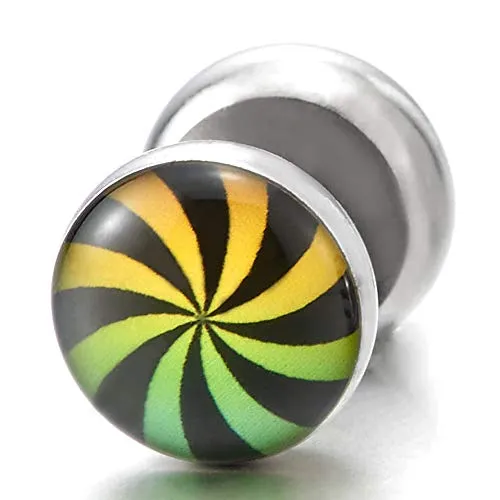 2 Men Women Steel Circle Color Windmill Swirl Stud Earrings, Cheater Fake Ear Plugs Gauge Tunnel