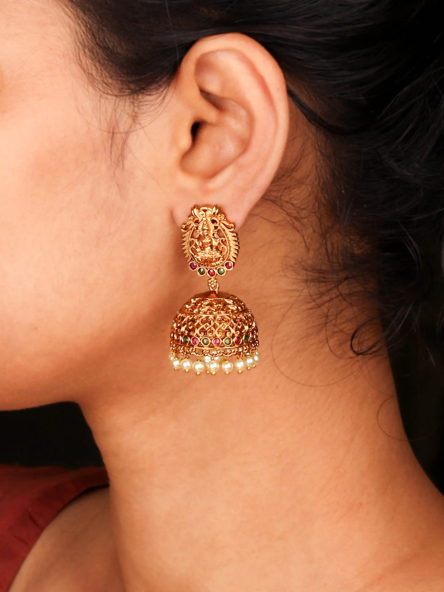 24K Gold Plated Temple Design with Kemp Stone Jhumka Earrings For Women