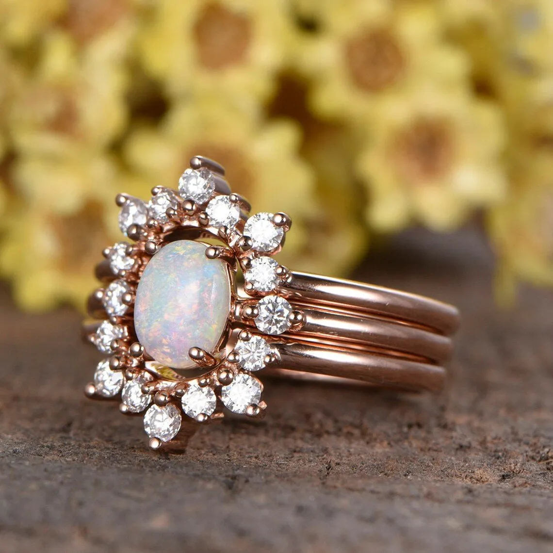 3 Piece Women Australian Opal Ring Set With Diamond Cuved Band Gold Wedding