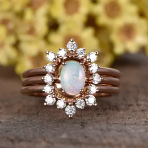 3 Piece Women Australian Opal Ring Set With Diamond Cuved Band Gold Wedding