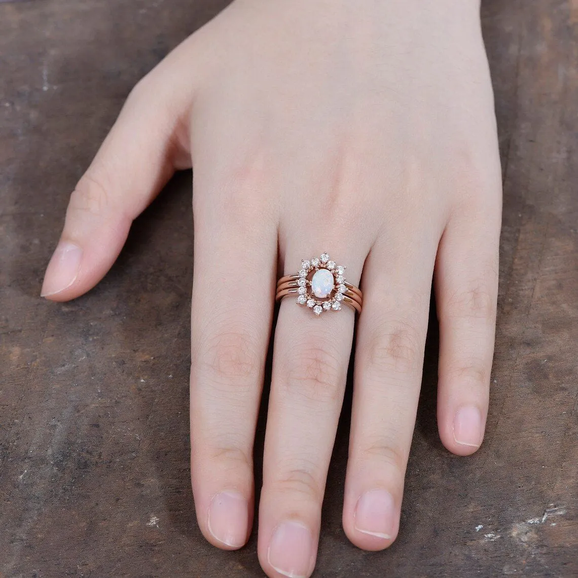 3 Piece Women Australian Opal Ring Set With Diamond Cuved Band Gold Wedding