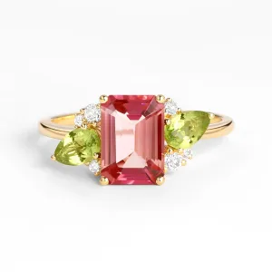 3.0ct Emerald Cut Pink Tourmaline Floral Inspired Ring