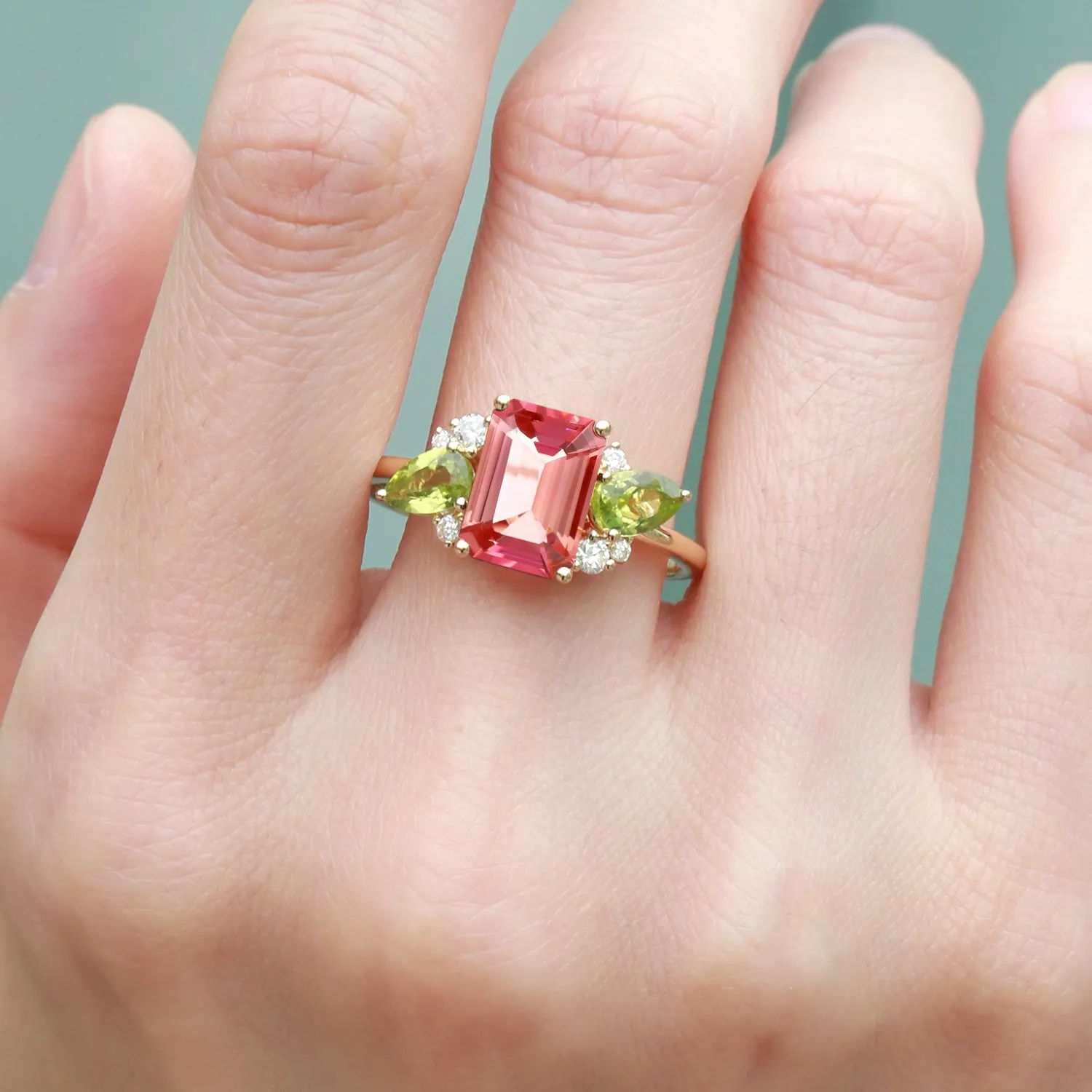 3.0ct Emerald Cut Pink Tourmaline Floral Inspired Ring