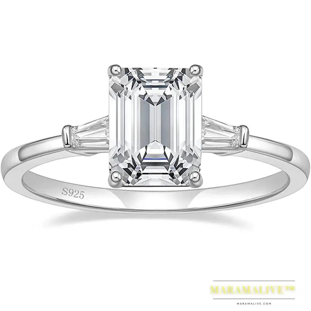 3CT 925 Sterling Silver Engagement Rings 3-Stone Emerald Cut Cubic Zirconia Wedding Promise Rings for Women Gft Jewelry