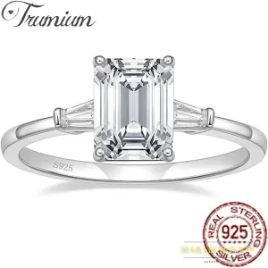 3CT 925 Sterling Silver Engagement Rings 3-Stone Emerald Cut Cubic Zirconia Wedding Promise Rings for Women Gft Jewelry