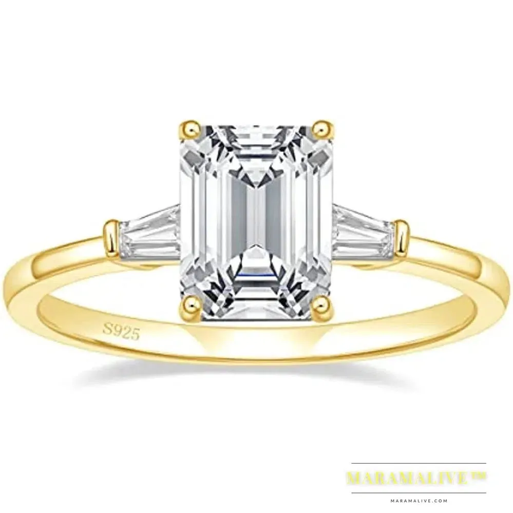 3CT 925 Sterling Silver Engagement Rings 3-Stone Emerald Cut Cubic Zirconia Wedding Promise Rings for Women Gft Jewelry