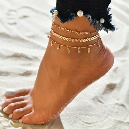 4pc/set Bohemia Shell Chain Anklet Sets For Women Sequins Ankle