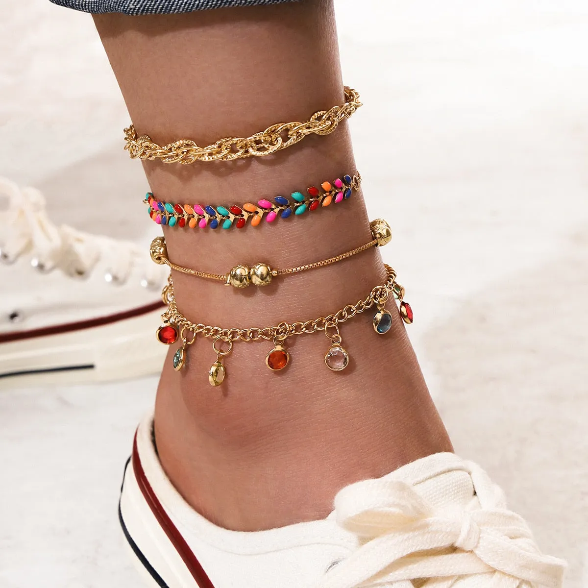 4pc/set Bohemia Shell Chain Anklet Sets For Women Sequins Ankle