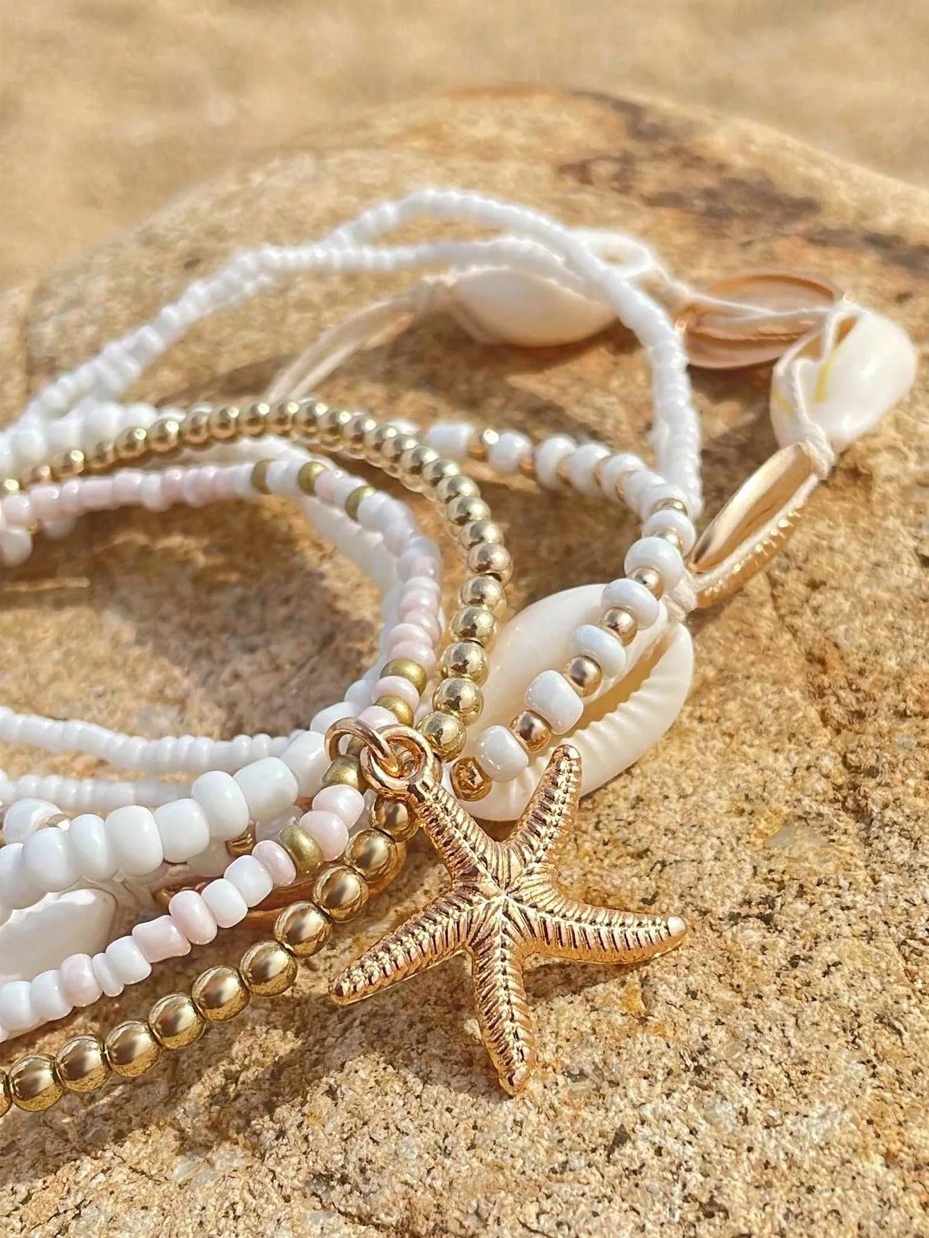 7pcs/set  Beaded Starfish Braided Shell Rope Anklets