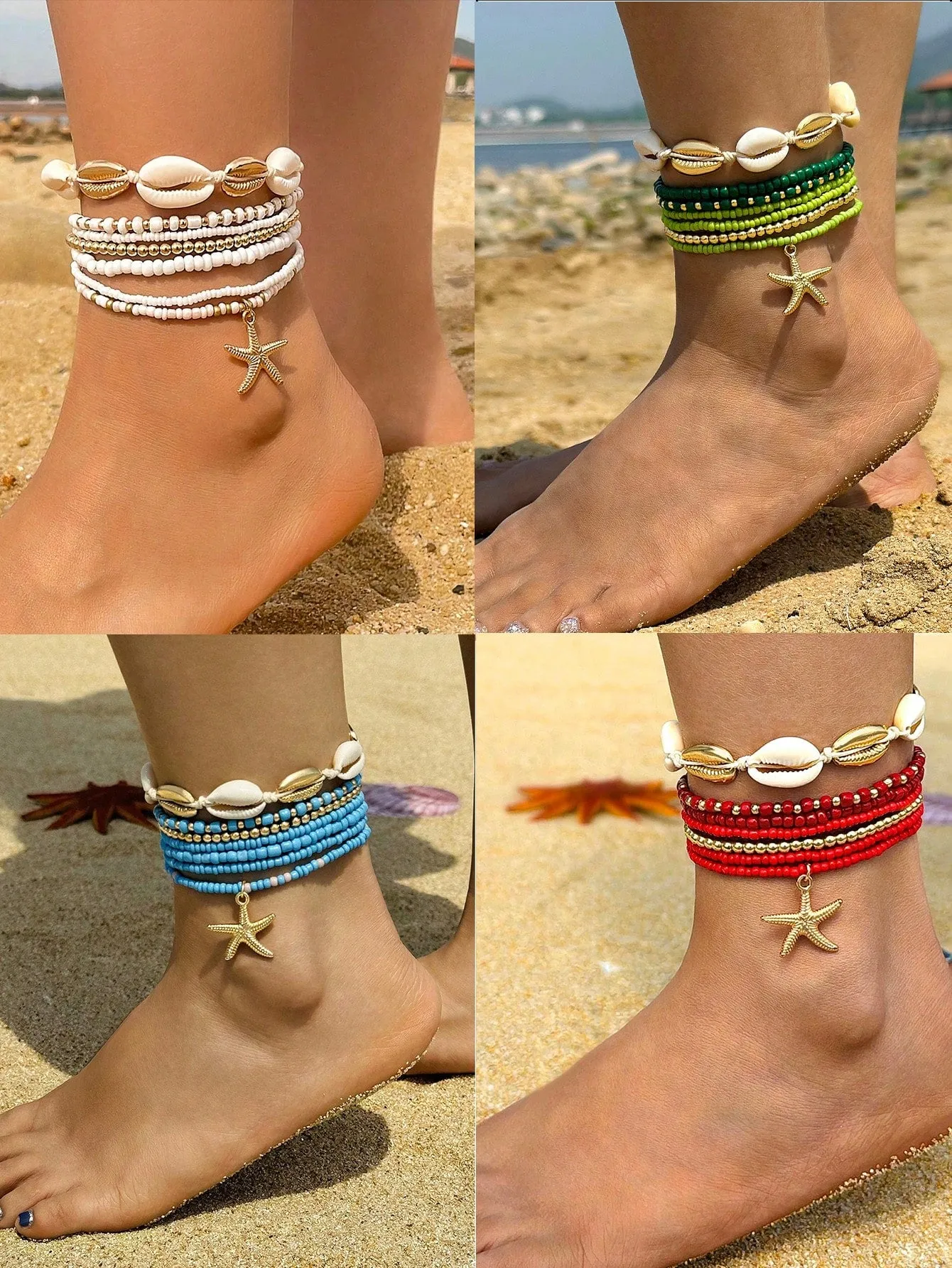 7pcs/set  Beaded Starfish Braided Shell Rope Anklets