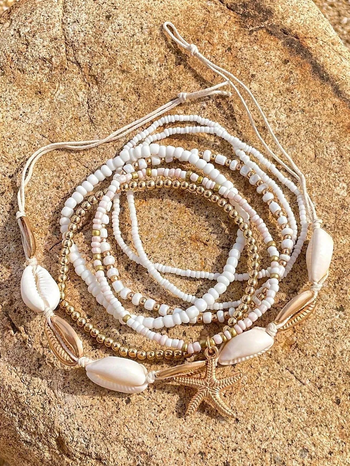 7pcs/set  Beaded Starfish Braided Shell Rope Anklets