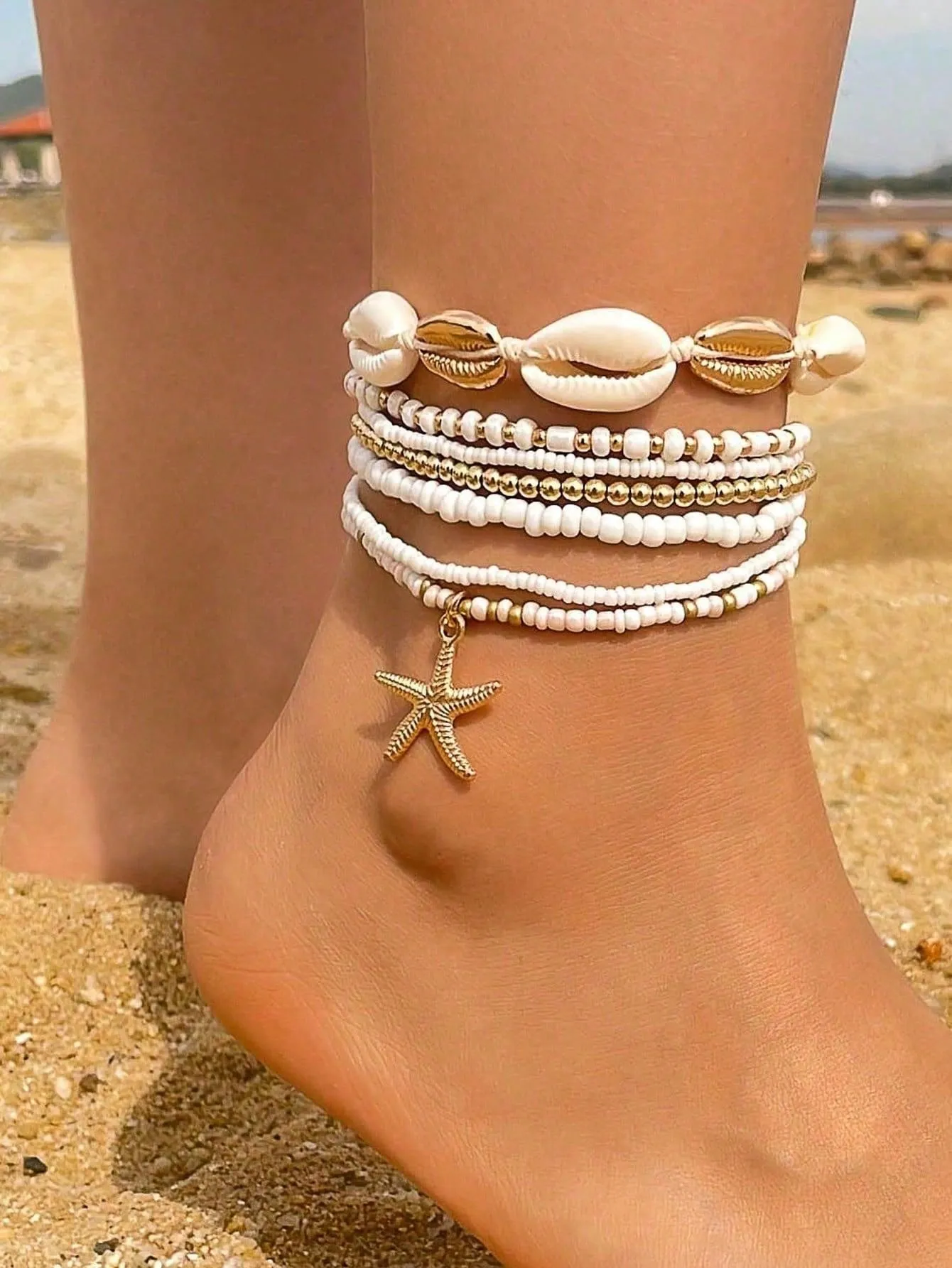 7pcs/set  Beaded Starfish Braided Shell Rope Anklets