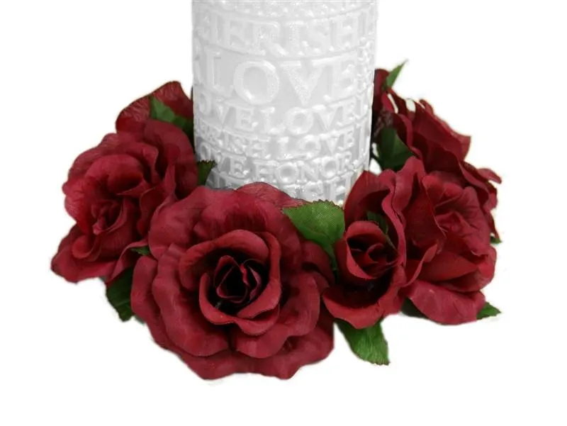 8 Pack of Artificial Burgundy Rose Candle Rings  Wedding Centerpiece Table Decoration