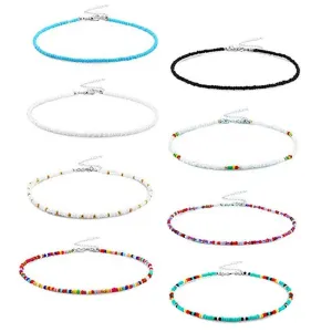 8 Pieces Seed Bead Necklace Choker Short Shell Necklace Adjustable Beach Necklace Jewelry Accessories Natural Shell Choker Hawaii Cowrie Shell Necklace Set Summer Beach Seashell for Women Girls