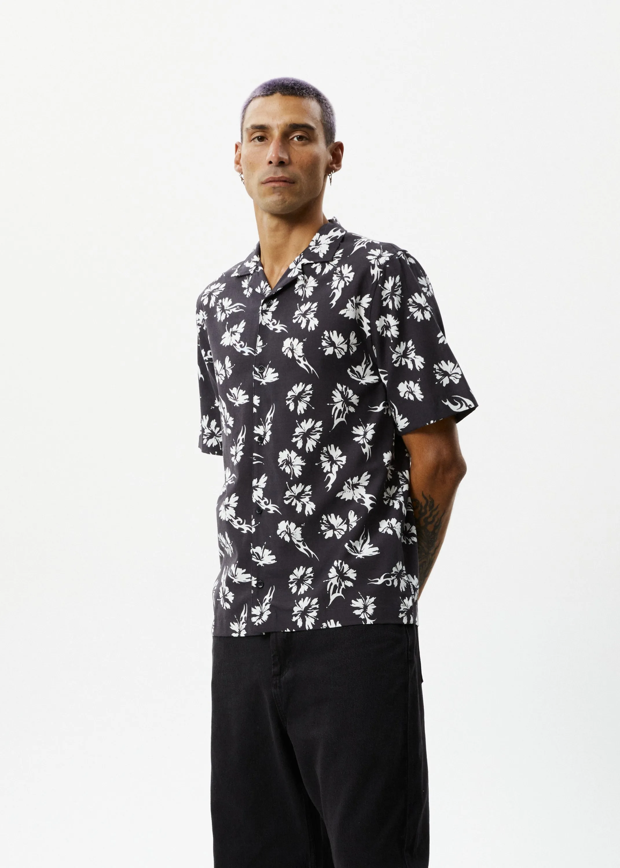 AFENDS Mens Hibiscus - Cuban Shirt - Black