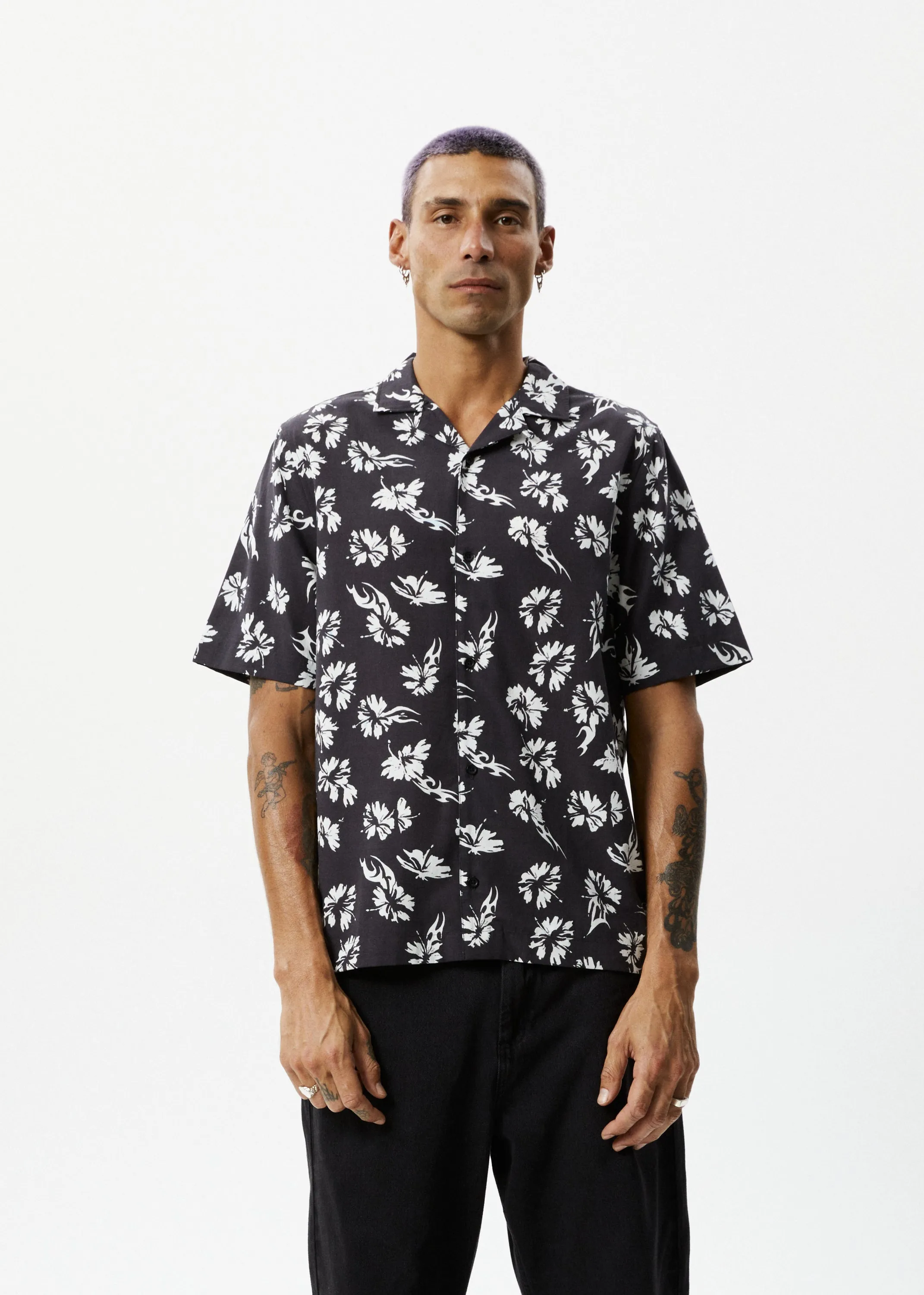 AFENDS Mens Hibiscus - Cuban Shirt - Black