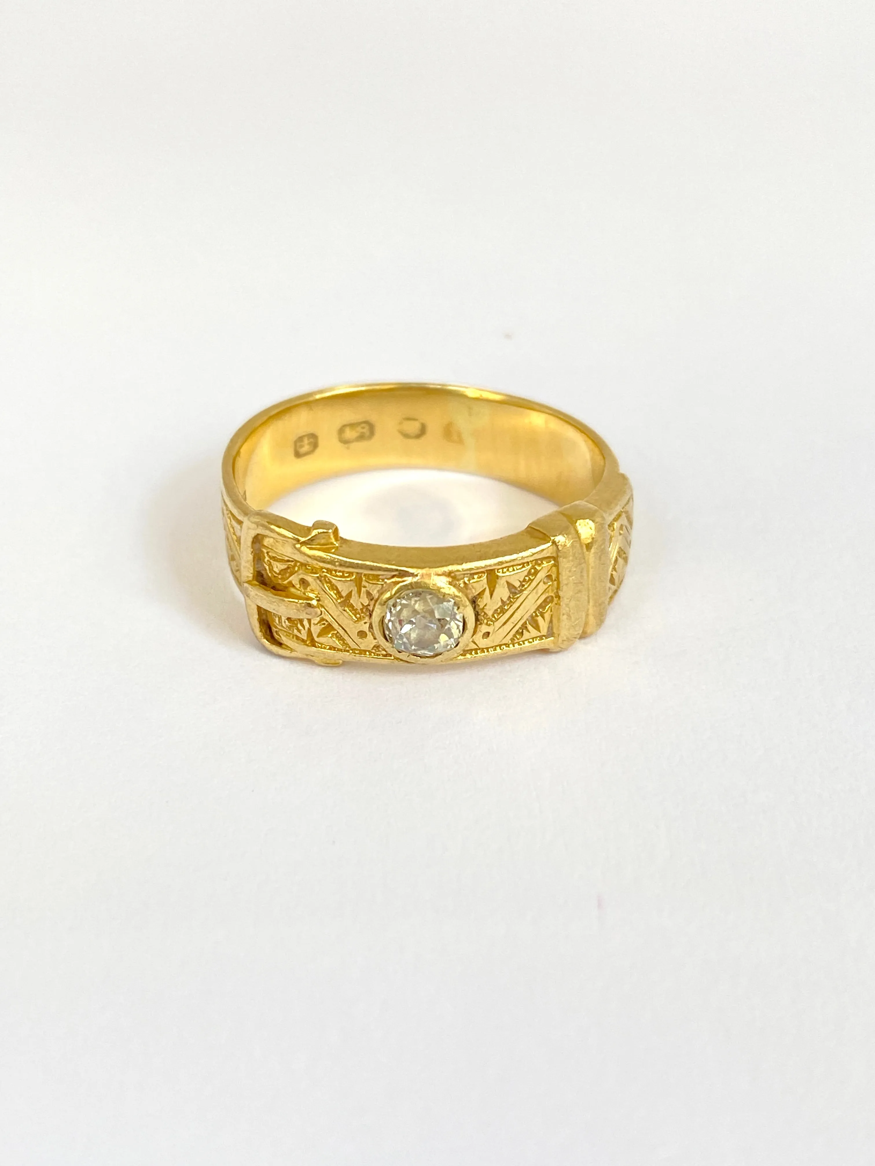 Antique, 18ct Gold Diamond Bezel Buckle Ring, Hallmarked, 18ct Gold, WW (5.81g)