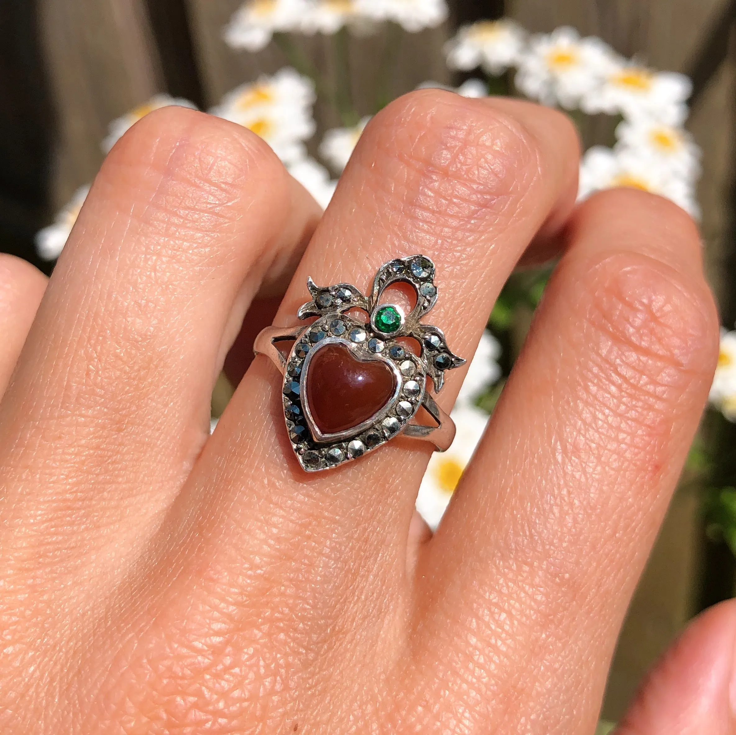 Antique Victorian Silver Carnelian Heart & Bow Ring