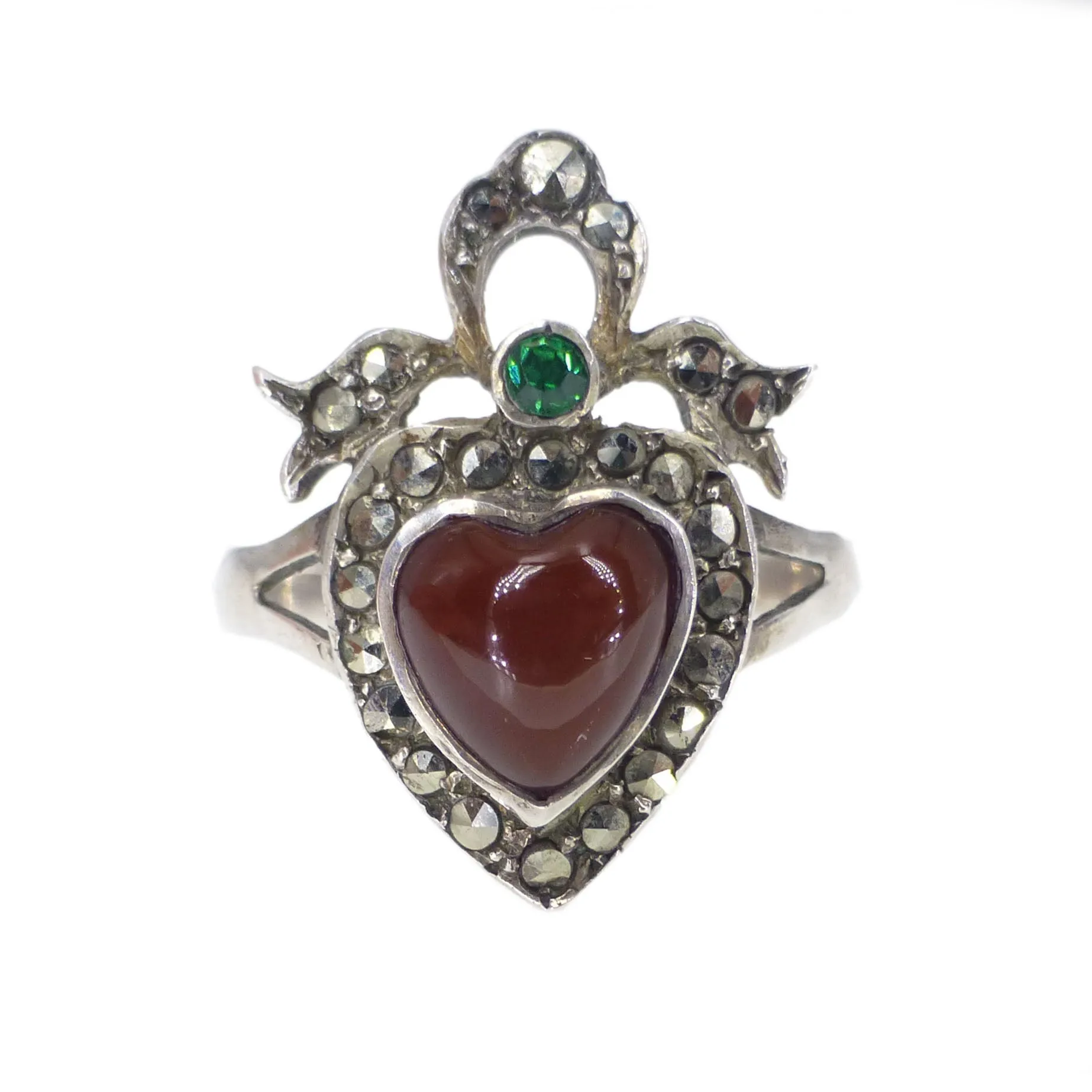 Antique Victorian Silver Carnelian Heart & Bow Ring