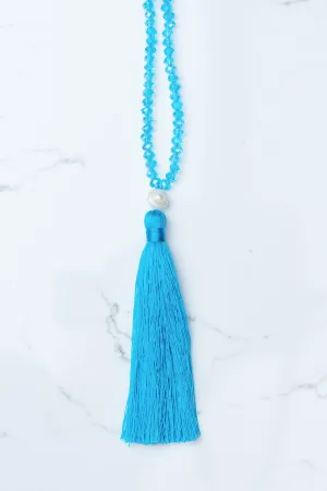 Aqua Beaded Pearl Tassel Necklace