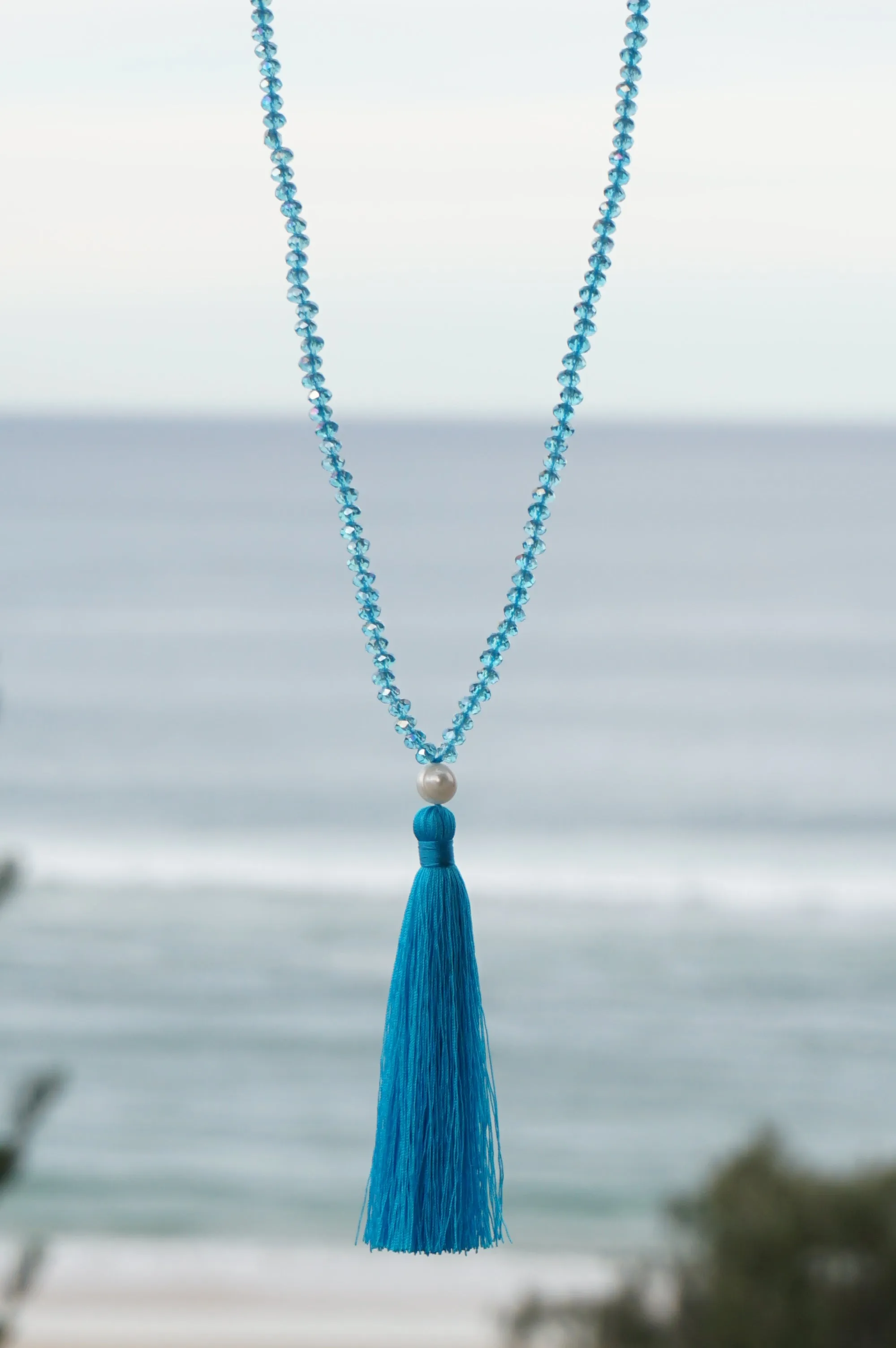 Aqua Beaded Pearl Tassel Necklace