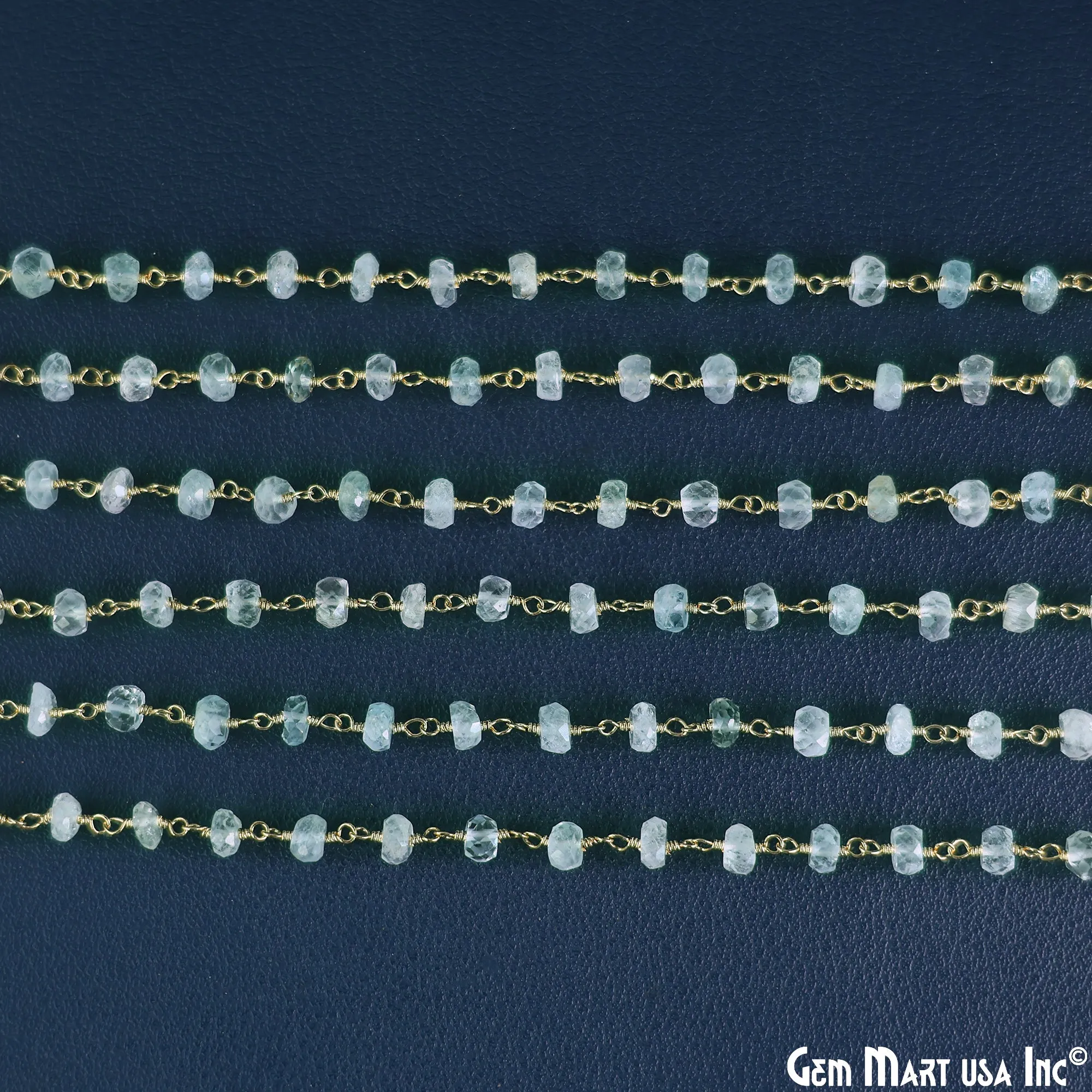 Aquamarine Faceted 5-6mm Gold Wire Wrapped Beads Rosary Chain