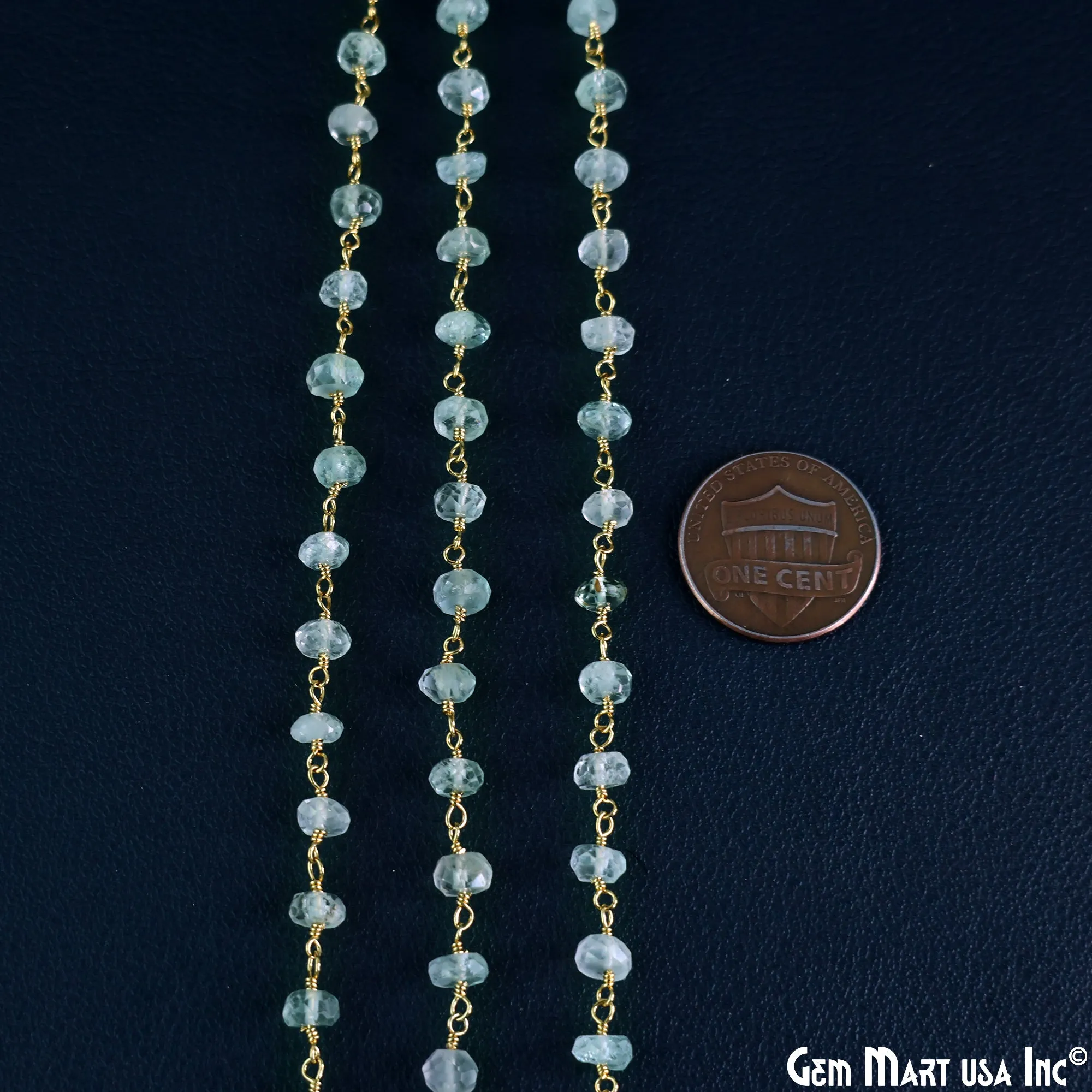 Aquamarine Faceted 5-6mm Gold Wire Wrapped Beads Rosary Chain