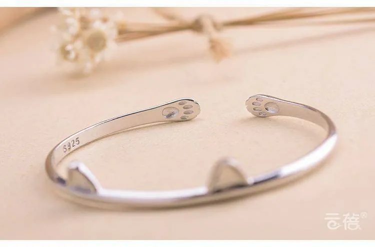 Beautiful 925 Sterling Silver Bangles Cat Cuff Bangles & Bracelets