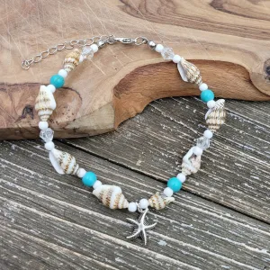 BESHEEK Starfish BLUE and CREAM Cowrie Shell Artisan Silvertone Beaded Anklet with Extension | Handmade Hypoallergenic Beach Gala Wedding Style Jewelry