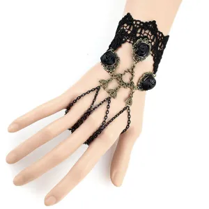 Black Lace Bracelet w/ Roses & Finger Chains Set