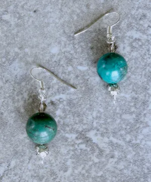 Blue-Green Turquoise Rounds with Ornate Stamped Sterling Silver Rounds, Czech Faceted Glass Bicones, and Sterling Silver Earring Wires