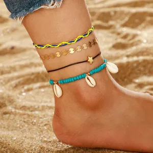 Bohemia Gold Shell White Beaded Multilayer Anklet for Women