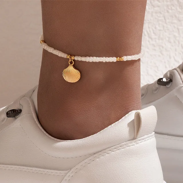 Bohemia Gold Shell White Beaded Multilayer Anklet for Women