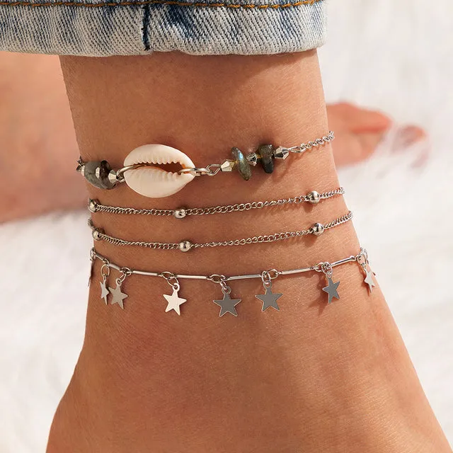 Bohemia Gold Shell White Beaded Multilayer Anklet for Women