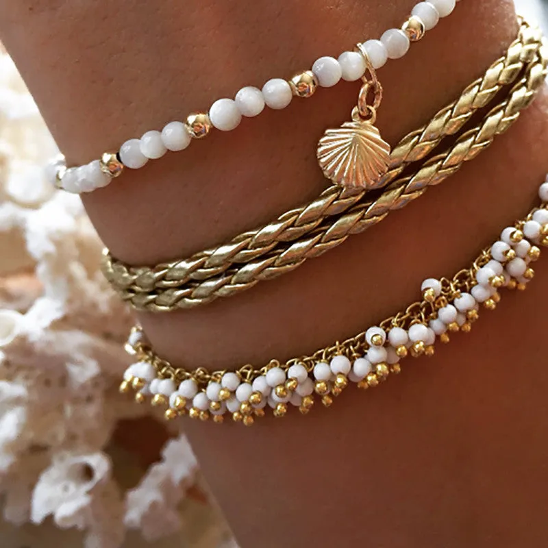 Bohemia Gold Shell White Beaded Multilayer Anklet for Women