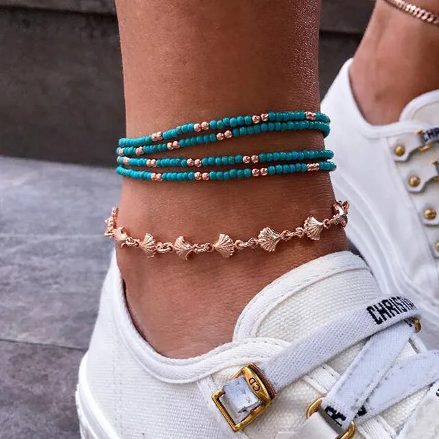 Bohemia Gold Shell White Beaded Multilayer Anklet for Women