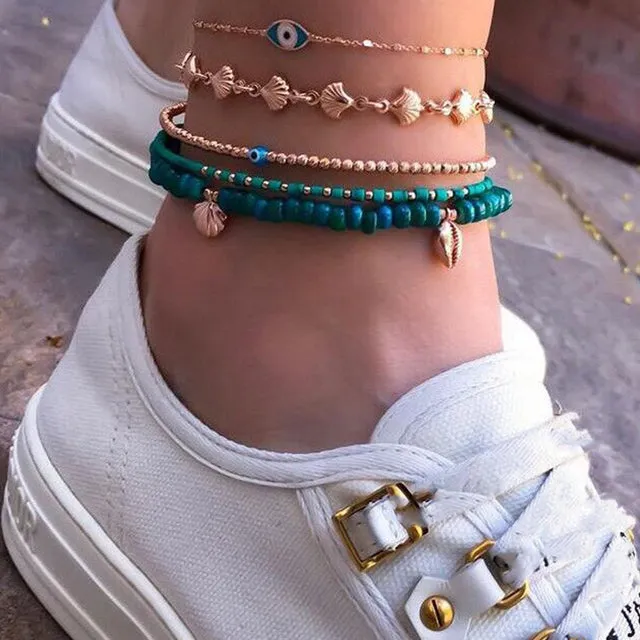 Bohemia Gold Shell White Beaded Multilayer Anklet for Women